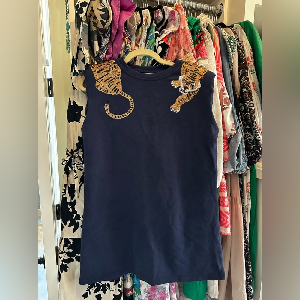 Queen of sparkles navy knit tiger dress sz small nwt
